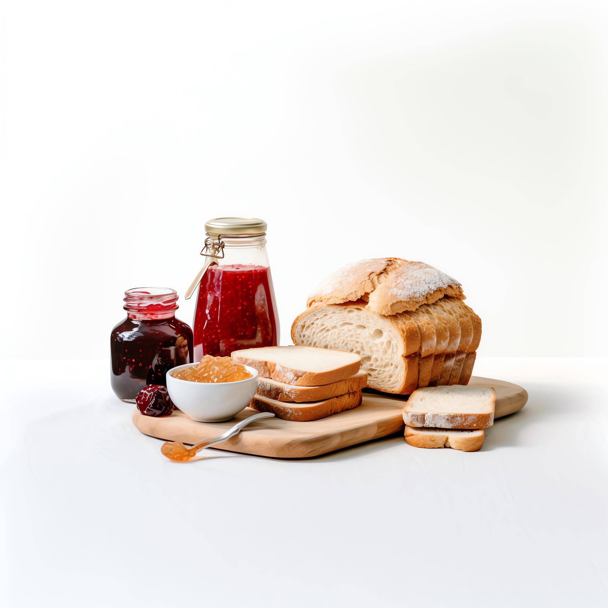 Artisanal bread and preserves on wooden table